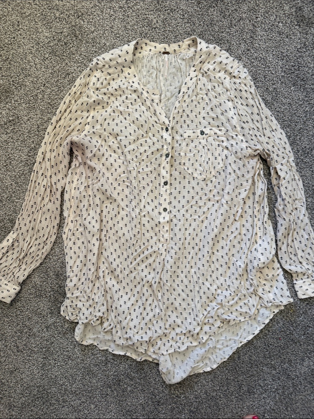 Free People Cream Button-Up Shirt with Navy Micro Print